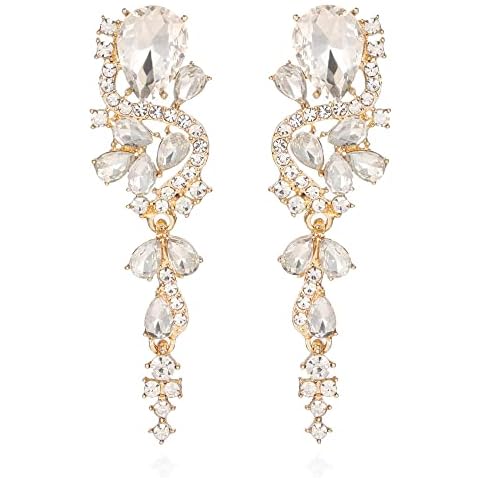 VANGETIMI Clear Gold Fashion Rhinestone Statement Drop Dangle Earrings Long Colorful Crystal Bridal Wedding Teardrop Chandelier Earrings for Women Cover