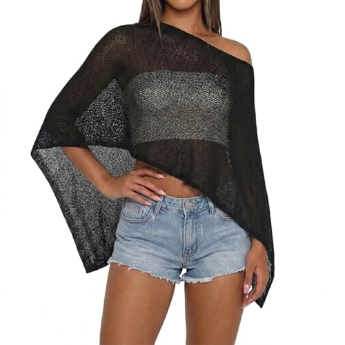 Women Sheer Knit Poncho Top Beach Cover Up Lightweight Crochet Shrug Y2k Summer See Through Shawl (Black One Size)