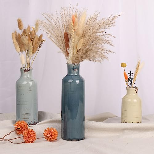 Image of Multicolor Ceramic Vase Set of 3 - Coastal Rustic Farmhouse Decor Flower Vases for Shelf, Dining Room Table, Fireplace Mantel, Living Room, Coffee Table, Tabletop, Kitchen Cabinet, Entryway Decoration