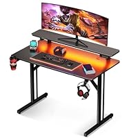MOTPK 32 Inch Small Gaming Desk with LED Lights, Computer Desk Gaming Table with Monitor Shelf, Gamer Desk with Carbon Fiber Texture, Kids Boys Desk Gift for Men