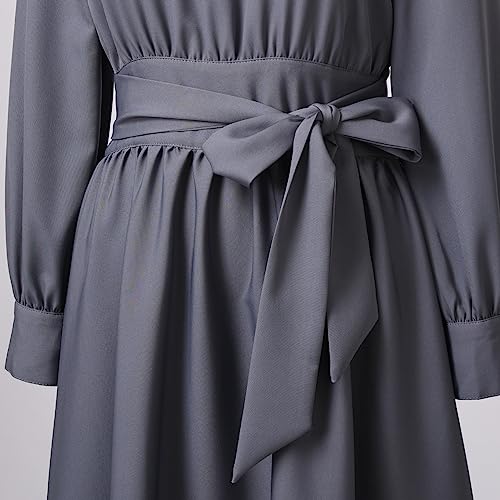 Image of CAMDOM Church Clergy Dress for Women Long Sleeve A Line Elegant Maxi Dress with Tab Insert Stand Collar and BeltA