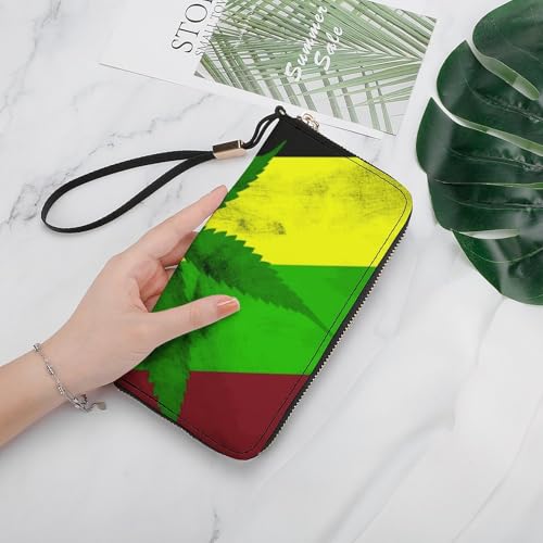 Jamaica Flag Leaves Ladies' Leather Wallet With Hand Strap Slim Vertical Purse Wallets Card Case Long Zip Around Long Wallet Credit Cards Holder Phone Clutch4