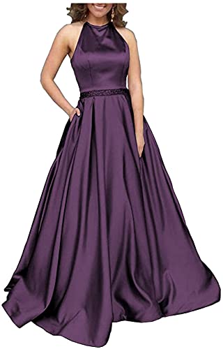 N/ C Damen Neckholder Hochzeit Party Kleider A-Linie Perlen Satin Abendkleid Lang Formell Ballkleid mit Taschen, pflaume, 38