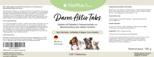 EXVital TierPlus Darm Aktiv Tabletten für Hunde & Katzen, Präbiotika Komplex für eine gesunde Darmflora- Nach Durchfall, Wurmkur, Antibiotika & Magen-Darm Infekten, 120 Tabletten, Made in Germany