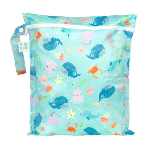 Image of Bumkins Waterproof Wet Bag for Baby, Travel, Swim Suit, Cloth Diapers, Pump Parts, Pool, Beach, Gym Clothes, Toiletry, Hook to Stroller, Daycare, Zipper Reusable Wetdry Packing Pouch, Ocean Life Blue