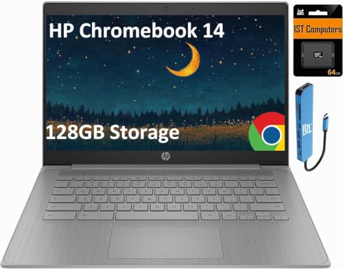 Image of HP Chromebook 14 Laptop (14 inch HD, Intel 4-Core Celeron N4120, 4GB RAM, 64GB eMMC + 64GB SD Card) for Home, Students, Light Weight, Long Battery Life, Webcam, Wi-Fi, IST HUB, Chrome OS (Renewed)