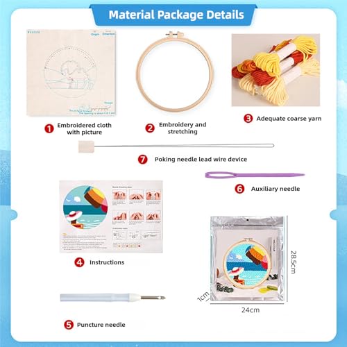 Image of PATPAT Cotton PATPAT 20x20CM DIY Tufting Art Craft Kit Cute Summer Beach Punch Needle Kit Embroidery for Beginners DIY Hoop Embroidery with Punch Needles,Hoop,Art Gift for Kids Adults., Multi Color