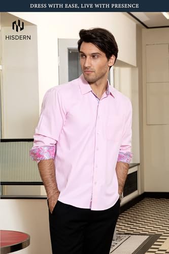 Image of HISDERN Mens Business Dress Shirts Long Sleeve Casual Button Down Shirt Formal Inner Collar Contrast Shirt for Men Wedding