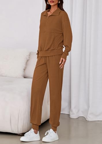Image of PRETTYGARDEN Women 2 Piece Ribbed Knit Matching Lounge Sets | Comfy Sweat Track Suits, Athleisure Casual Outfit, Half Zip Sweatshirt & Jogger Pants, Fall Winter Clothes for Airport Travel