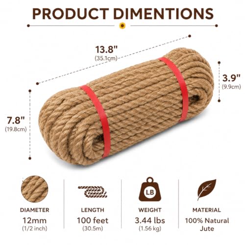 Image of Jute Rope, 12MM x 100FT Heavy Duty Thick Hemp Rope for Cat Scratching Post, Bundling, Gardening and DIY Crafts
