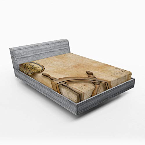 Ambesonne Vintage 2 Pack Fitted Sheet, Wooden Wheel Compass, Bed Cover All-Round Elastic Deep Pockets 2 Pieces, Package Contains 2 Full Size Fitted Sheets, Beige