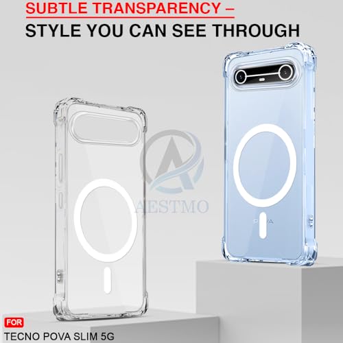 Image of AESTMO Clear Back Cover for Tecno Pova Slim 5G | | 360 Protection | Transparent Back Cover for Tecno Pova Slim 5G (PC + TPU, Compatible with MagSafe Accessories, Transparent Bumper)
