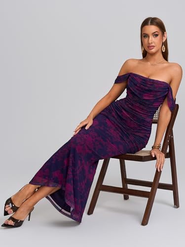 Image of KUTUMAI Off The Shoulder Maxi Long Dress Corset Ruched Bodycon Cocktail Formal Wedding Guest Dresses for Women