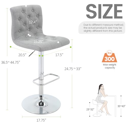 Butacos de Tela con Respaldo, Juego de 2, Gris Claro, Altura Ajustable de 24,75" a 33", Giratorios, para Isla de Cocina, Bar o Cafetería miniatura 3