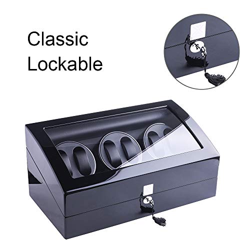 Watch Winder, XTELARY Luxury 3 Motor Quad Watch Winders for Automatic Watches Safe & Wooden Display Box Case 7+8 Storage (Black)