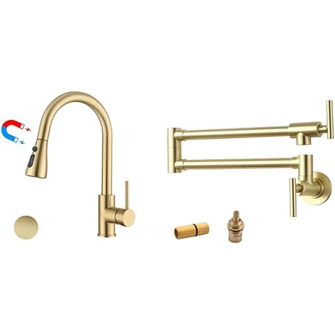 Gold Kitchen Faucet with Magnetic Sprayer and Gold Pot Filler Faucet Cover