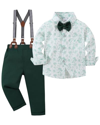 Image of YALLET Toddler Baby Boy Clothes Suit Gentleman Wedding Outfits Formal Dress Shirt+Bowtie+Suspender Pants