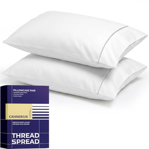 Image of THREAD SPREAD 100% Egyptian Cotton King Size Pillow Cases Set of 2 - Luxury 2000 Series Pillow Cases King Size (21 inch x 41 inch, White), Soft Cooling Envelope Closure Hotel Egyptian Cotton Pillowcases