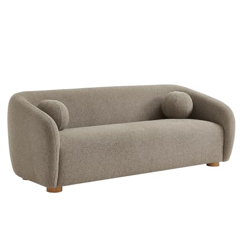Image of Modway Holland 85 Inch Minimalist Curved Back Sofa in Taupe - Chenille Fabric Sofa with Ball Throw Pillows and Wood Feet - Modern 3-Seater Couch for Living Room