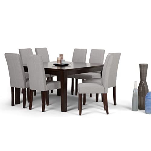 Simplihome Acadian Transitional 9 Pc Dining Set With 8 Upholstered Parson Chairs In Dove Grey Linen Look Fabric And 54 Inch Wide Table #TOP1