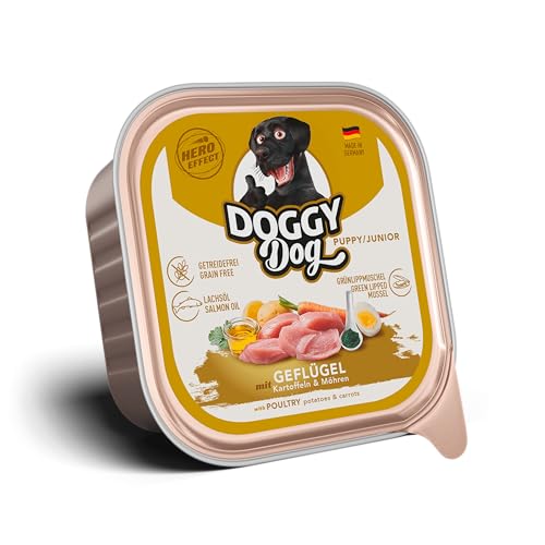 DOGGY Dog Paté pollame Puppy/Junior, 10 x 150 g, cibo umido per cani giovani, cibo per cuccioli senza cereali, con olio di salmone e cozze dalle labbra verdi, cibo per cani con patate e carote,