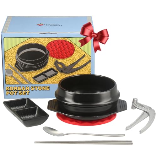 Captain Cranberry Korean Stone Pot Set (7-piece, 38.7oz with Hot Pot Grip), Ttukbaegi, Dolsot,...