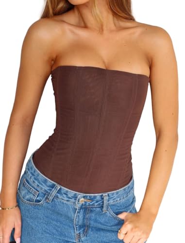Luckinbaby Women Y2k Strapless Bustier Corset Back Zip Mesh Boned Bodyshaper Tube Top Sexy Going Out Bustier Tops(Brown,S)