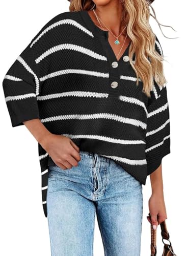 SHEWIN Womens Button Down V Neck 3/4 Sleeve Sweaters Tops Casual Striped Pullover Shirt Lightweight Knit Sweater