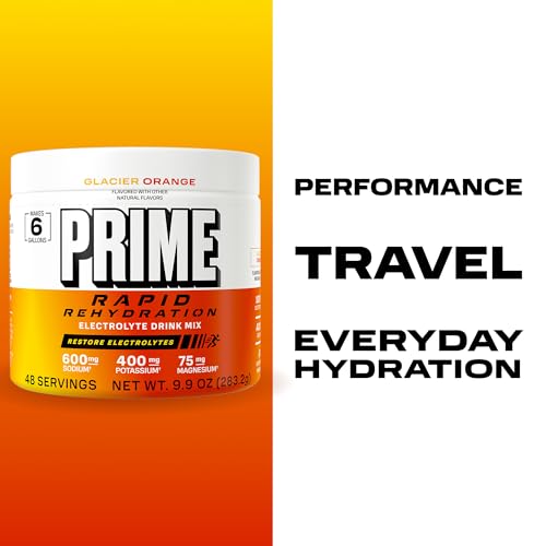 Image of Prime Rapid Rehydration Electrolyte Powder, Glacier Orange, Sugar Free Hydration Drink Mix with Sodium, Potassium, Magnesium & B Vitamins to Replenish Fluids, Caffeine Free, 6 Gallon Tub, 48 SRV