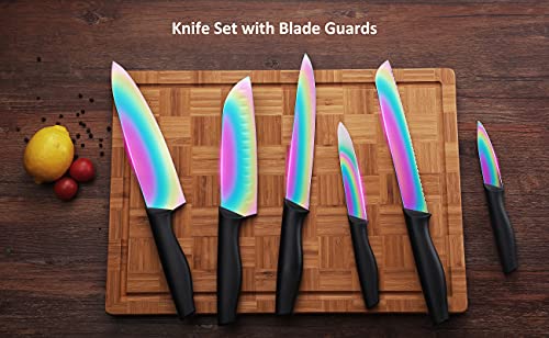 Image of Knife Set- Marco AlmondA‚ KYA36 12-Piece Knife Set, 6 Knives with 6 Blade Guards, Dishwasher Safe Rainbow Titanium Stainless Steel Kitchen Knives Set with Sheath, Black