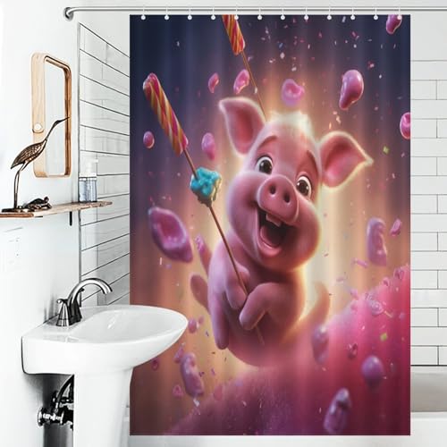 Rideau de douche cochon mignon en polyester imperméable 122x183cm pour baignoire avec 12 crochets - 6