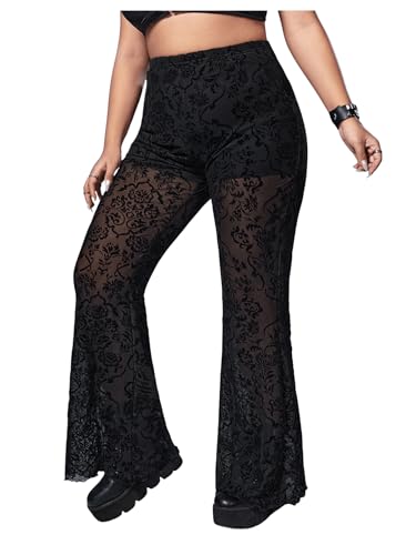 OYOANGLE Women's Plus Size Dance Clubwear Bell Bottom Mesh Sheer Pants Florla Print Flared Leg Pants3