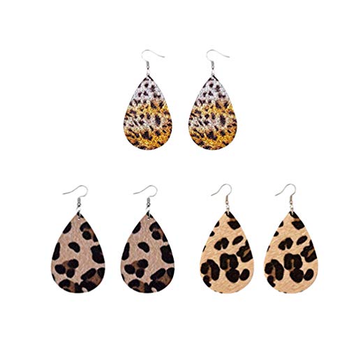YiLianDaD Lágrima Cuero Aretes Para Mujeres Niñas Hoja Pendientes de Gota Estampado de Leopardo Oídos Decoración 3 Pares