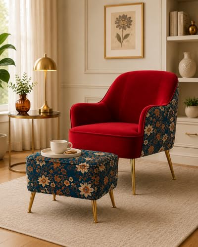 Image of Accent Chair with Ottoman | Modern Velvet Lounge Chair with Floral Designer Back | Upholstered Armchair for Living Room, Bedroom & Cafe | Golden Legs (Red Floral)