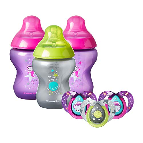 Tommee Tippee Closer to Nature Boldly Go Gift Set, Girl â€“ 3x 9oz Baby Bottles & 3x 6-18mo Pacifiers