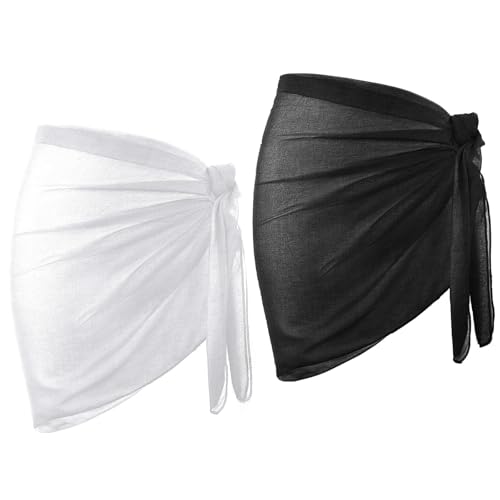2Pcs White Bathing Suit Wrap Skirt Black Beach Sarong Short Bathing Suit Sarong Sheer White Sarongs Skirt Wrapsf for Women Swimsuit Coverup Shorts - Main Image
