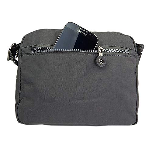ekavale - Kleine leichte Damen-Handtasche Umhängetasche aus hochwertigem wasserabwesendem Crinkle Nylon inkl. Lederschlüsseltasche (Grau)