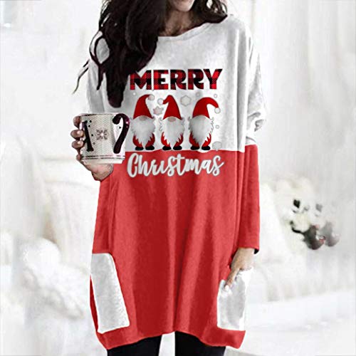 Túnica feminina de manga comprida solta com bolsos laterais e gola redonda