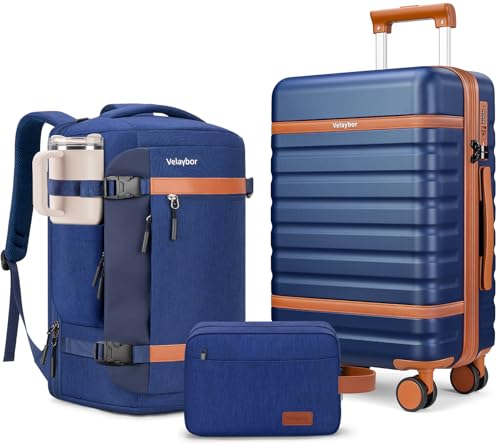 Image of Luggage Sets 3 Piece with Spinner Wheels, Lightweight PC Hardside Suitcase with TSA Lock & YKK Zippers, 20 Inch Carry On Luggage with Travel Bag for Men and Women, Blue