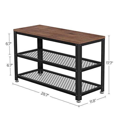 VASAGLE 3-Tier Shoe Rack, Shelf Storage Bench with Metal Mesh Shelves and Seat, Free Standing Shoe Organizer for Entryway, 11.8 x 28.7 x 17.7 Inches, Hazelnut Brown and Black ULBS073B03