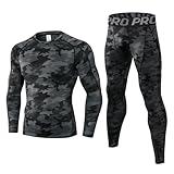 [LANBAOSI] スポーツインナー 上下セットメンズ ハイネック 防寒肌着 [吸汗速乾 発熱保温] ランニング コンプレッション ウェア 加圧長袖シャツ＆タイツ セットアップ アウトドア スキー 作業 登山 アンダーウェアLブラック迷彩柄