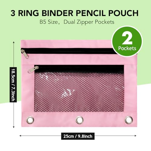 Image of Pencil Pouch for 3 Ring Binder, Heavy Duty Canvas Dual Zipper Pen Bag with Clear Window, Smooth Metal Zipper, Fit Standard 3-Ring Binders for School Office Travel Supplies (Pink)