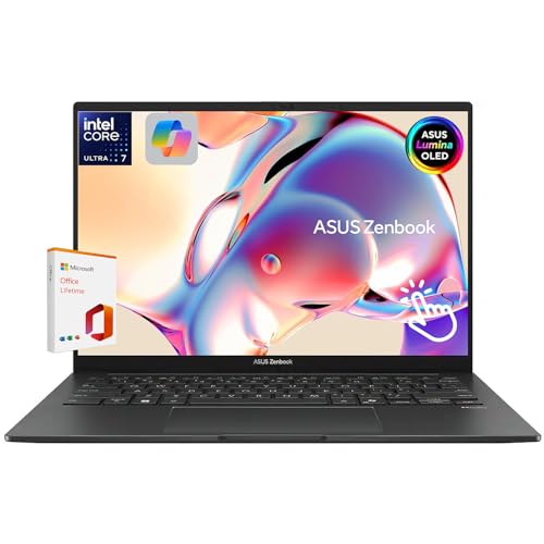 ASUS Zenbook 14’’ Wuxga OLED Touchscreen Laptop, Intel 16-Core Ultra 7 255H Processor, Intel Arc GPU, 16GB LPDDR5 RAM 512GB SSD, Backlit, Thunderbolt 4, WiFi 7, Windows 11 Pro with Lifetime MS Office