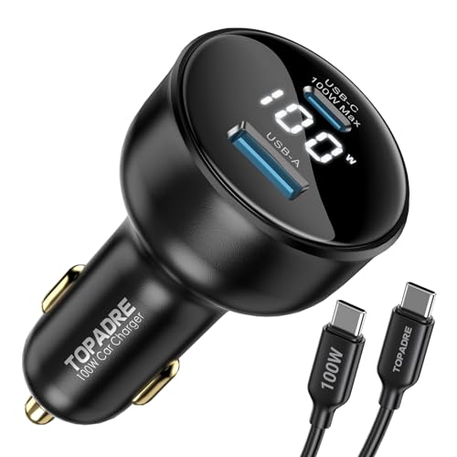 100W USB C Fast Car Charger with Display PD3.0+QC Type C Car Charger Adapter with 100W USB C Fast Cable Fast Charging for Laptops MacBook Pro iPad iPhone 16/15/Pro Max Galaxy S24/S23 Ultra Etc.