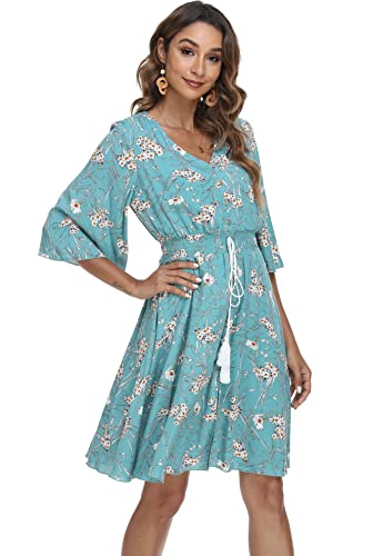 Image of VintageClothing Women's Floral Sundresses Flowy Boho Summer Beach Dress | Lightweight Breathable material,Elegant V Neck and Button Front Design,Flared Bell Sleeve Cut,Mini Casual dress