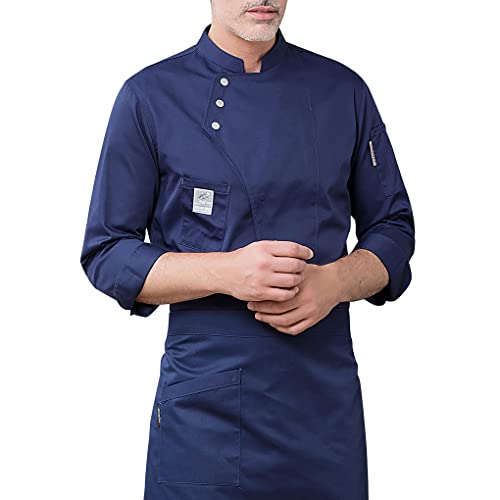teng hong hui Kochmantel Polyester Langarm Kochjacke Knöpfe mit Fronttaschen Hemden für Herren Einfache Anzüge für Restaurant, Blau, m Cover