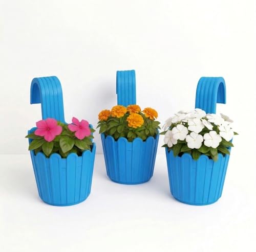 Image of Premium 6 inch Railing Planter with Hook - Durable Plastic Hanging Flower Pot for Balcony, Fence Design Gamla for Indoor /Outdoor Plants, Herbs & Creepers (3, Blue)