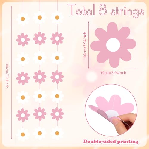 Image of Pasimy 8 Pcs Daisy Boho Party Decorations Groovy Daisy Paper Garlands White Flower Hanging Garland Banner Hippie Flower Cutouts for Birthday Shower Wedding Party Favor Supplies(Fashion,Pink)
