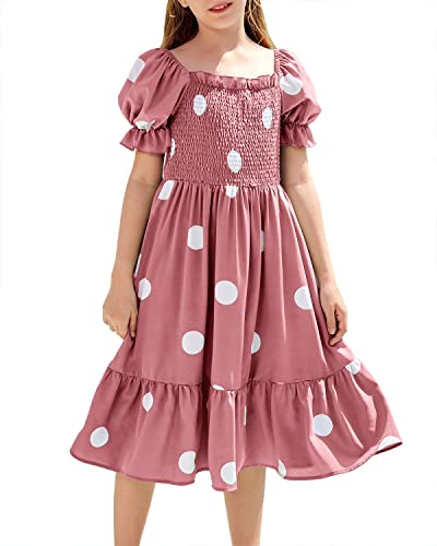 Poploli Girls Casual Polka Dot Maxi Dress Summer Kids Ruffled Puff Short Sleeve Flowy Smocked Dresses For 5-14 T Pink #TOP3
