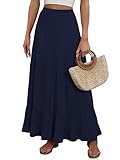 ANRABESS Womens Maxi Skirt Elastic High Waist Swing Tiered A-line Flowy Pleated Boho Beach Vacation Long Skirts Navy Blue Small